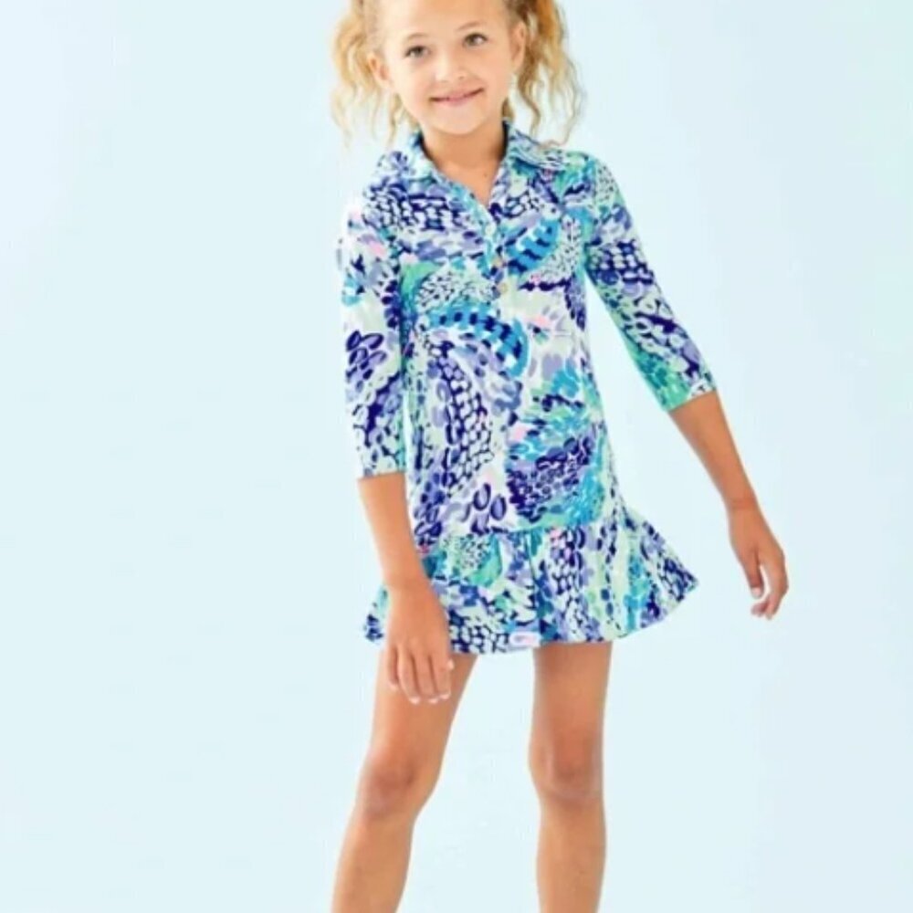 Lilly Pulitzer girls Amelia Polo Dress Turquoise Oasis Wave After Wave L (8-10)